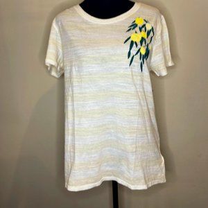 Lucky Brand Womens pale yellow/white striped floral embroidered tshirt - MEDIUM